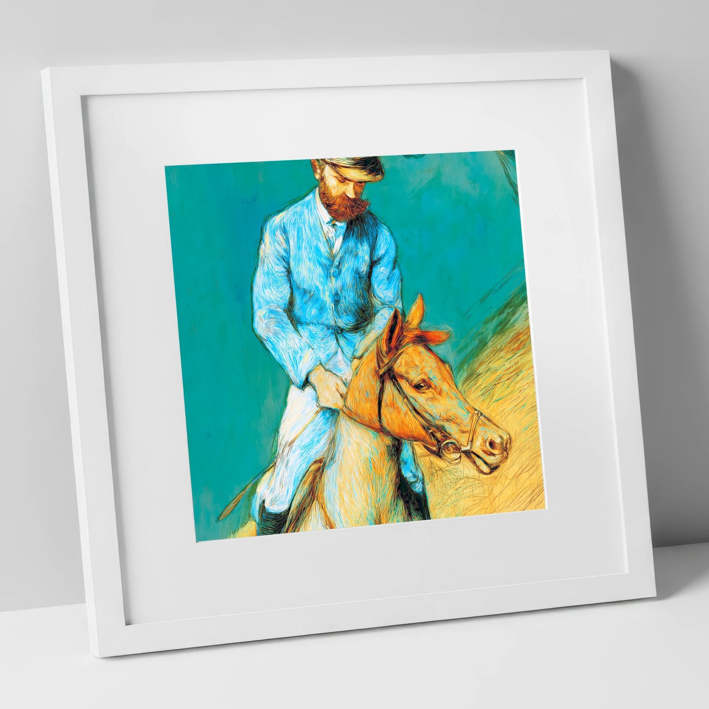 The Cerulean Rider racing horse art print in white frame