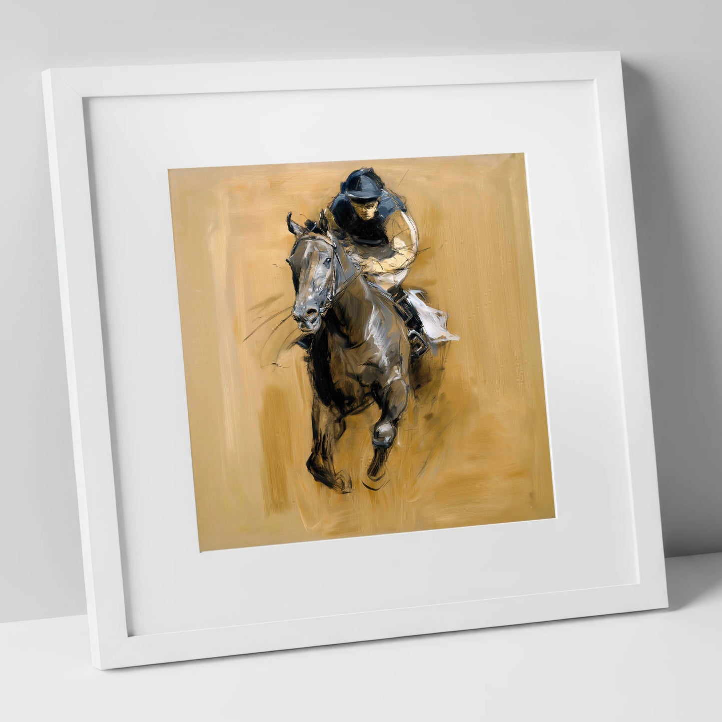 The Final Furlong racing horse art print in white frame