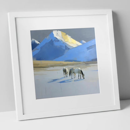 Golden Peak Grazing horse landscape art print in white frame