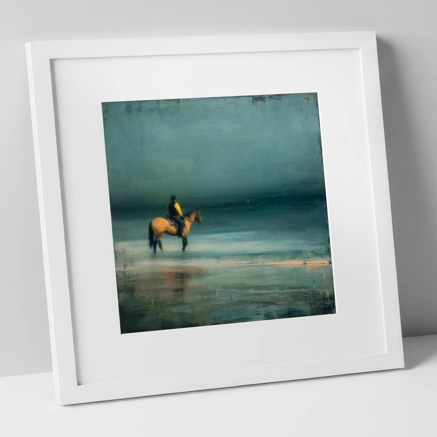 Teal Tide Rider beach horse art print in white frame