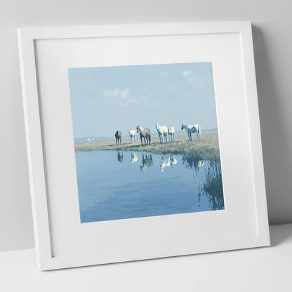 Reflections in Blue wild horses art print in white frame