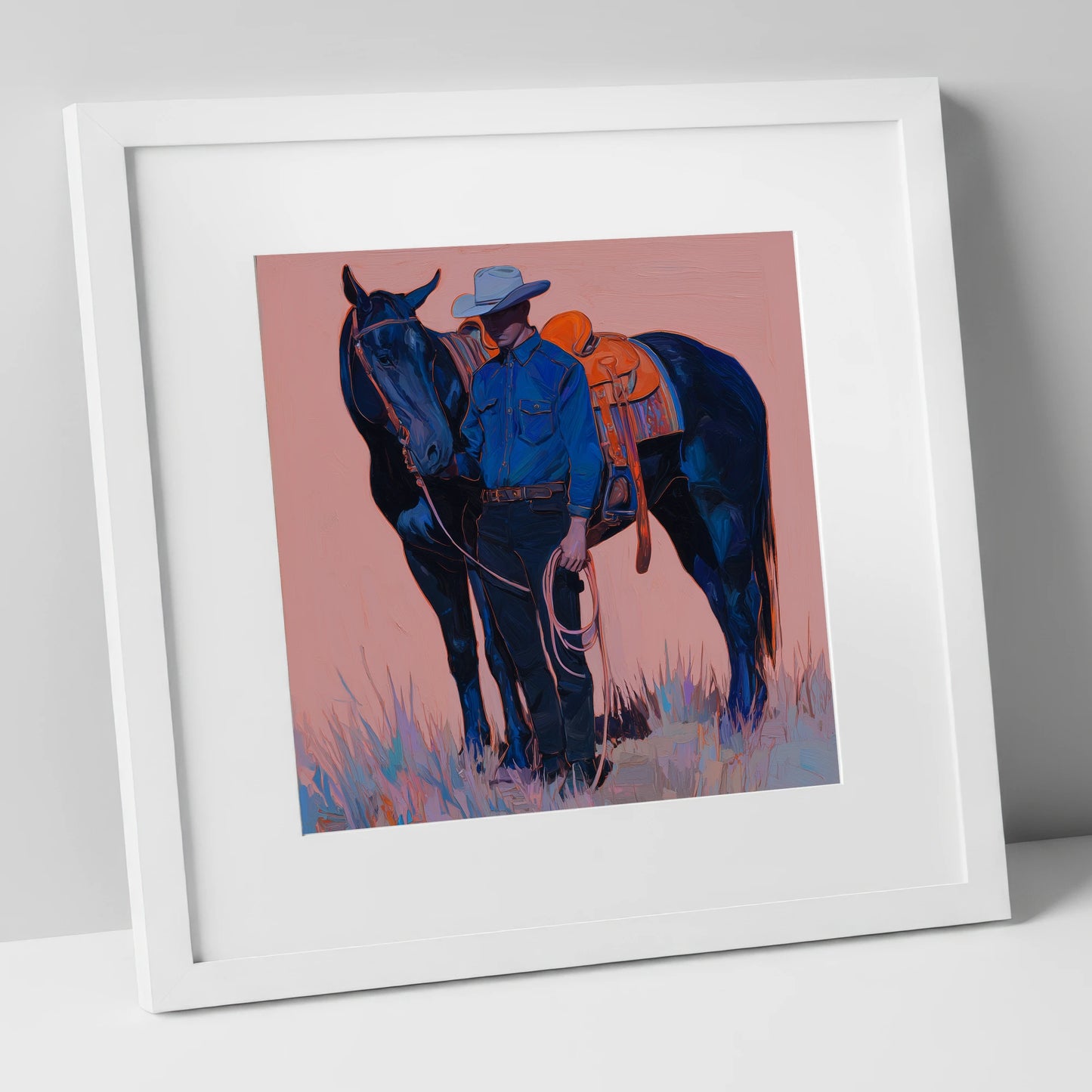 The Indigo Horseman western horse art print in white frame