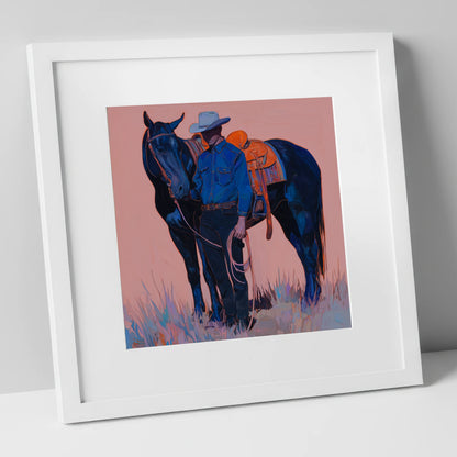 The Indigo Horseman western horse art print in white frame