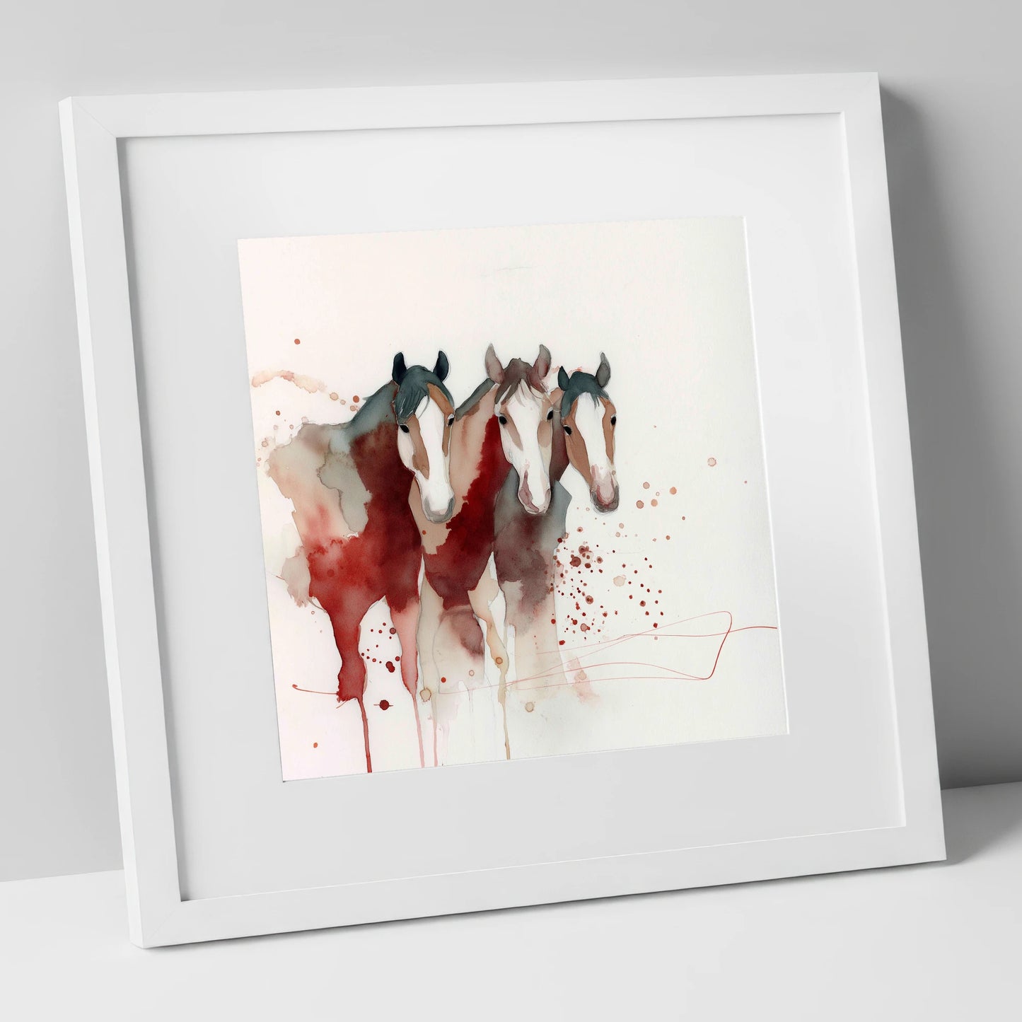 Crimson Companions wild horses art print in white frame