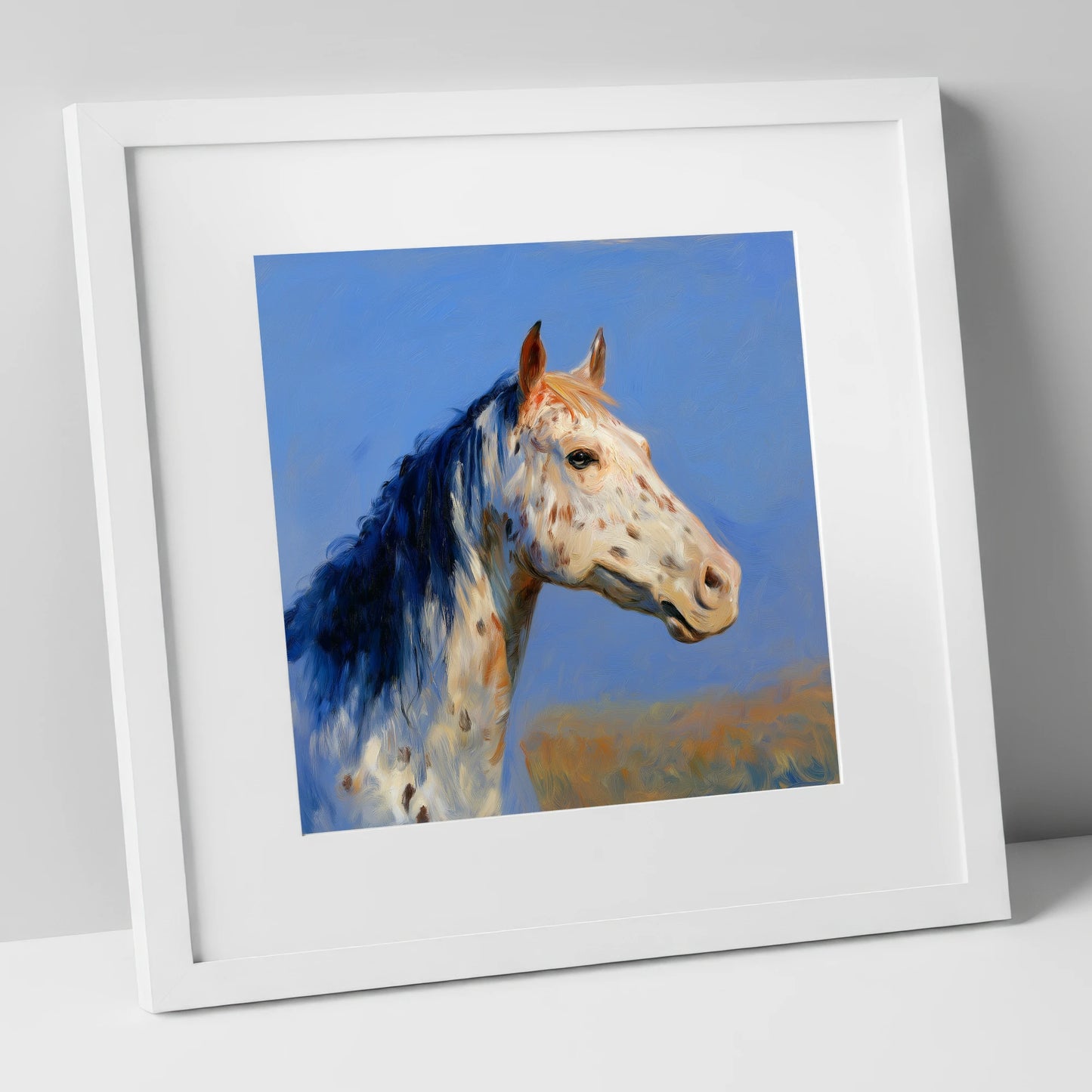 Azure Appaloosa Portrait horse breed art print in white frame