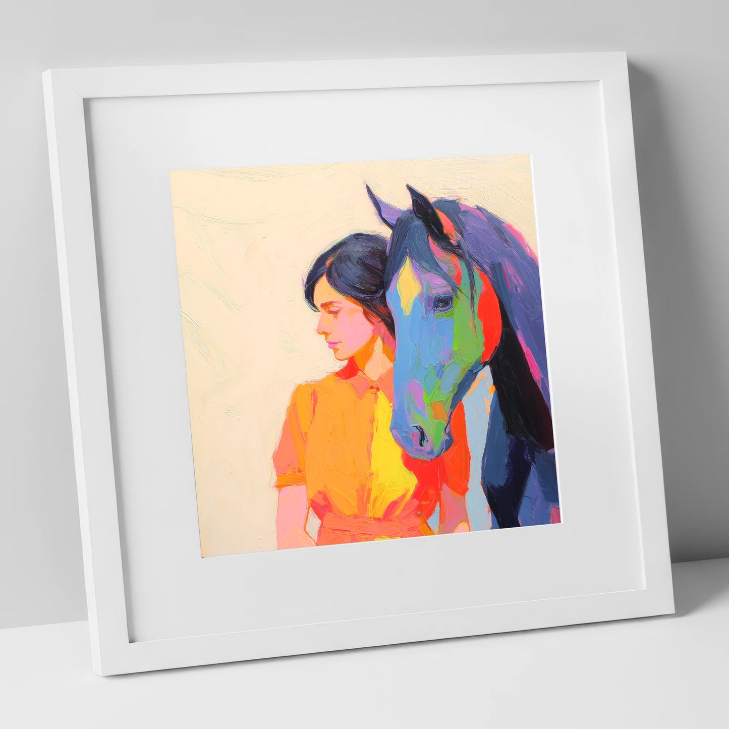 Vivid Companion horse & rider art print in white frame
