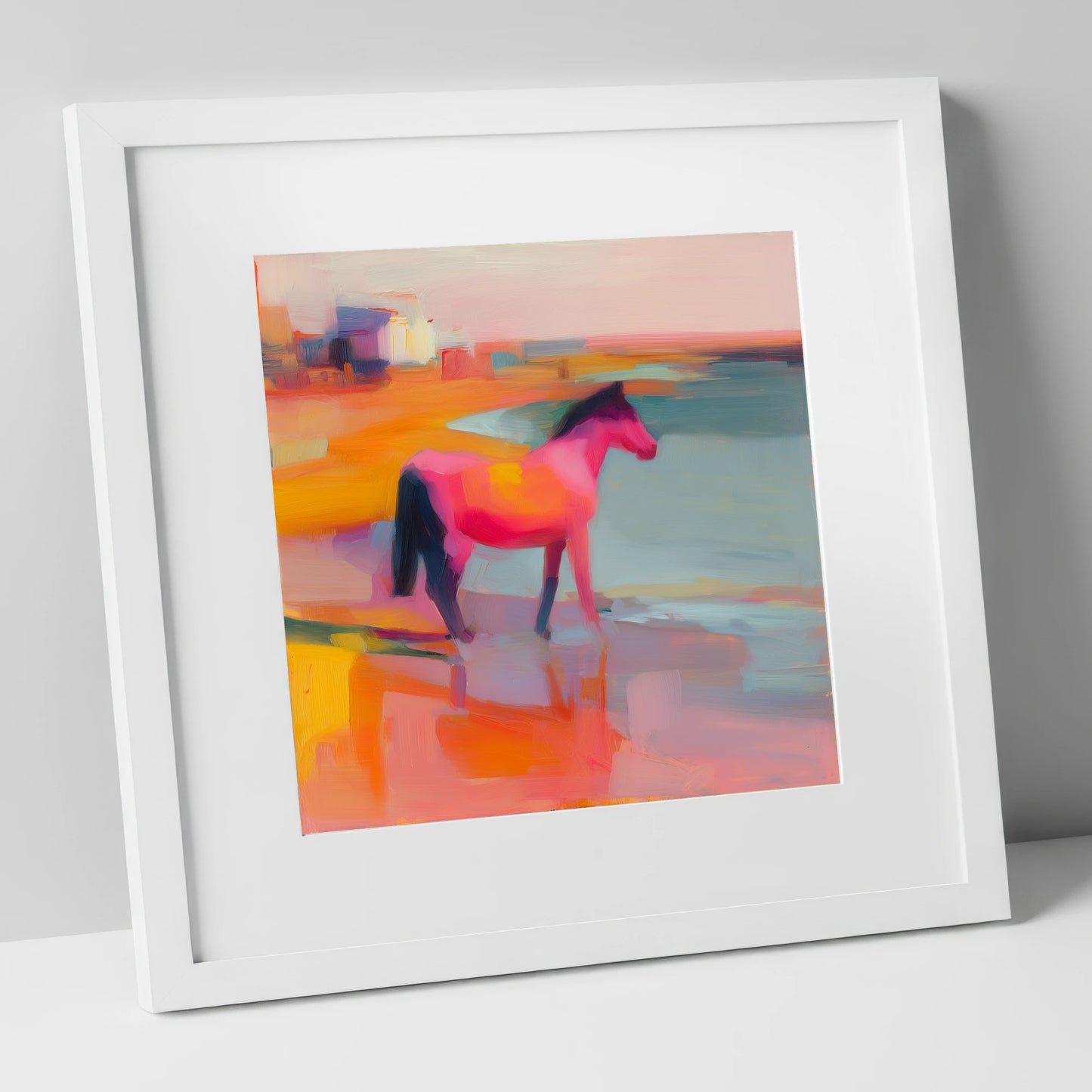 Vibrant Coastal Mirage horse landscape art print in white frame