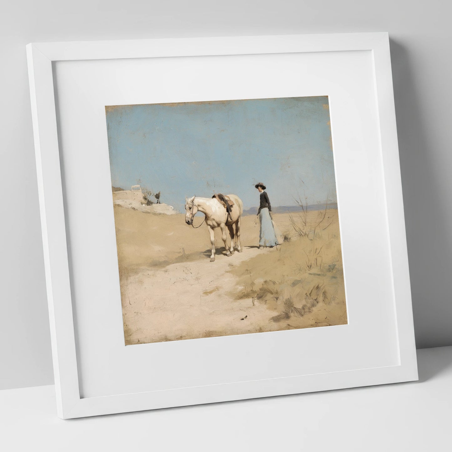 The Long Ride Home horse & rider art print in white frame