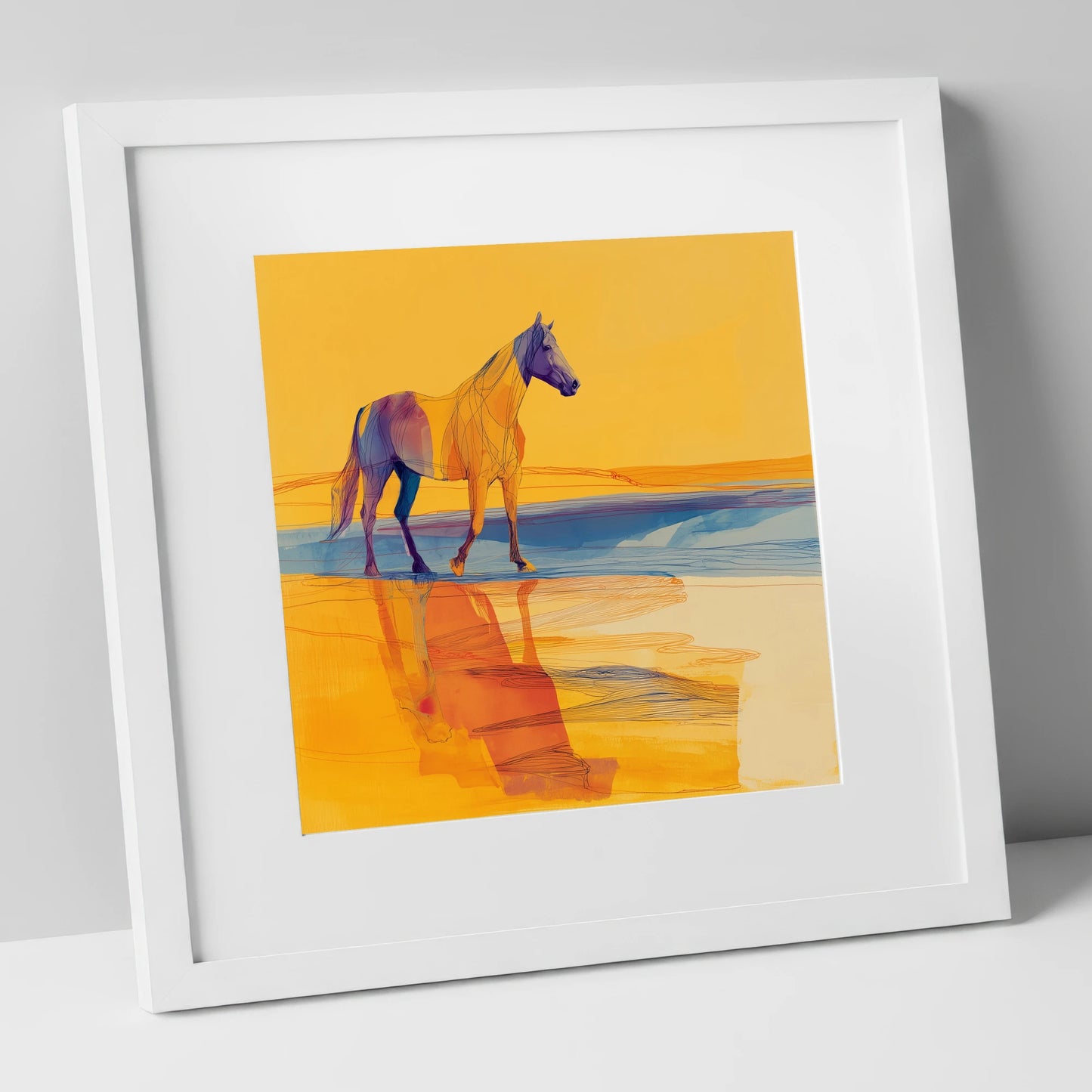 Amber Waters Stride horse landscape art print in white frame