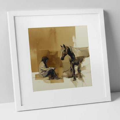Shared Silence horse & rider art print in white frame