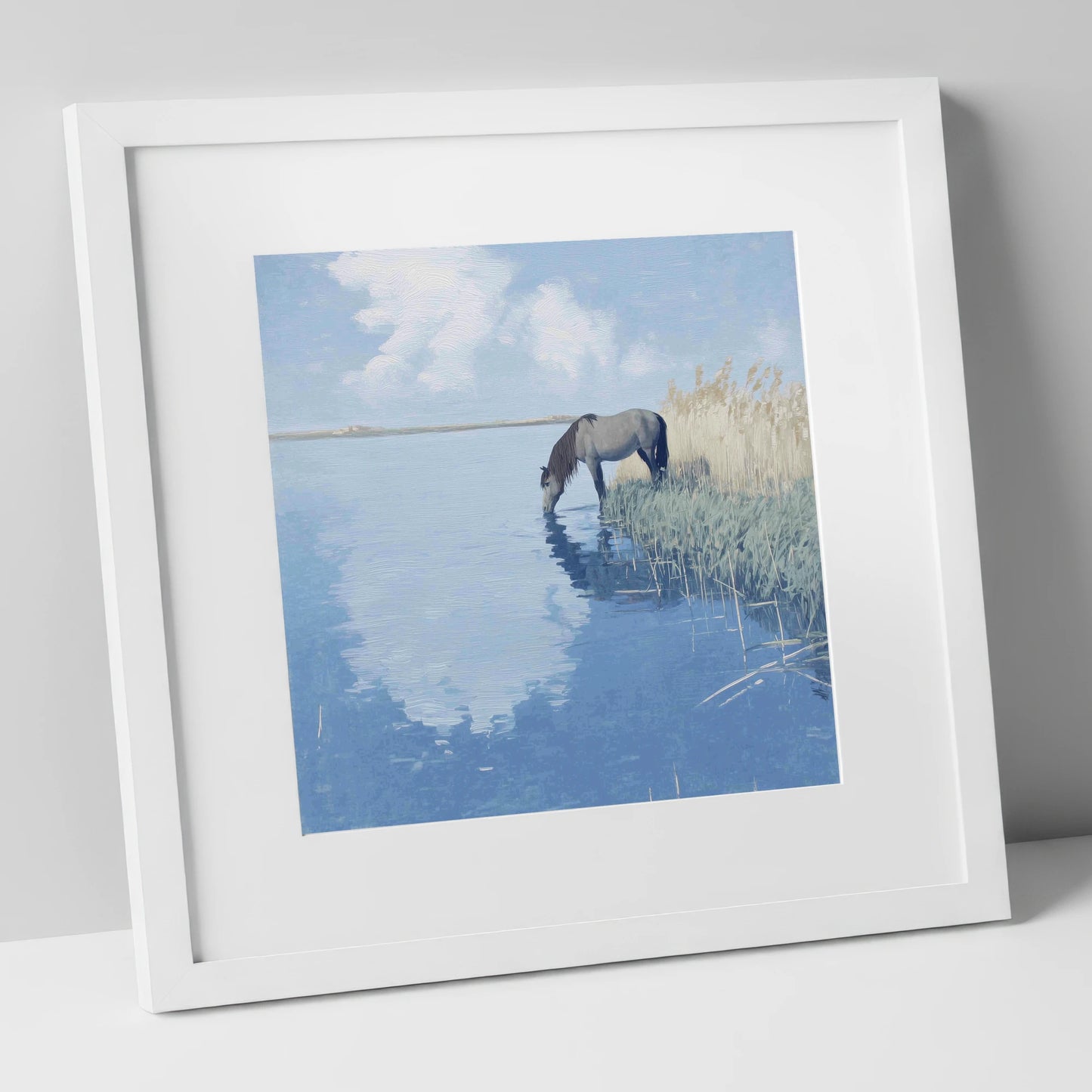 The Quiet Shallows horse landscape art print in white frame