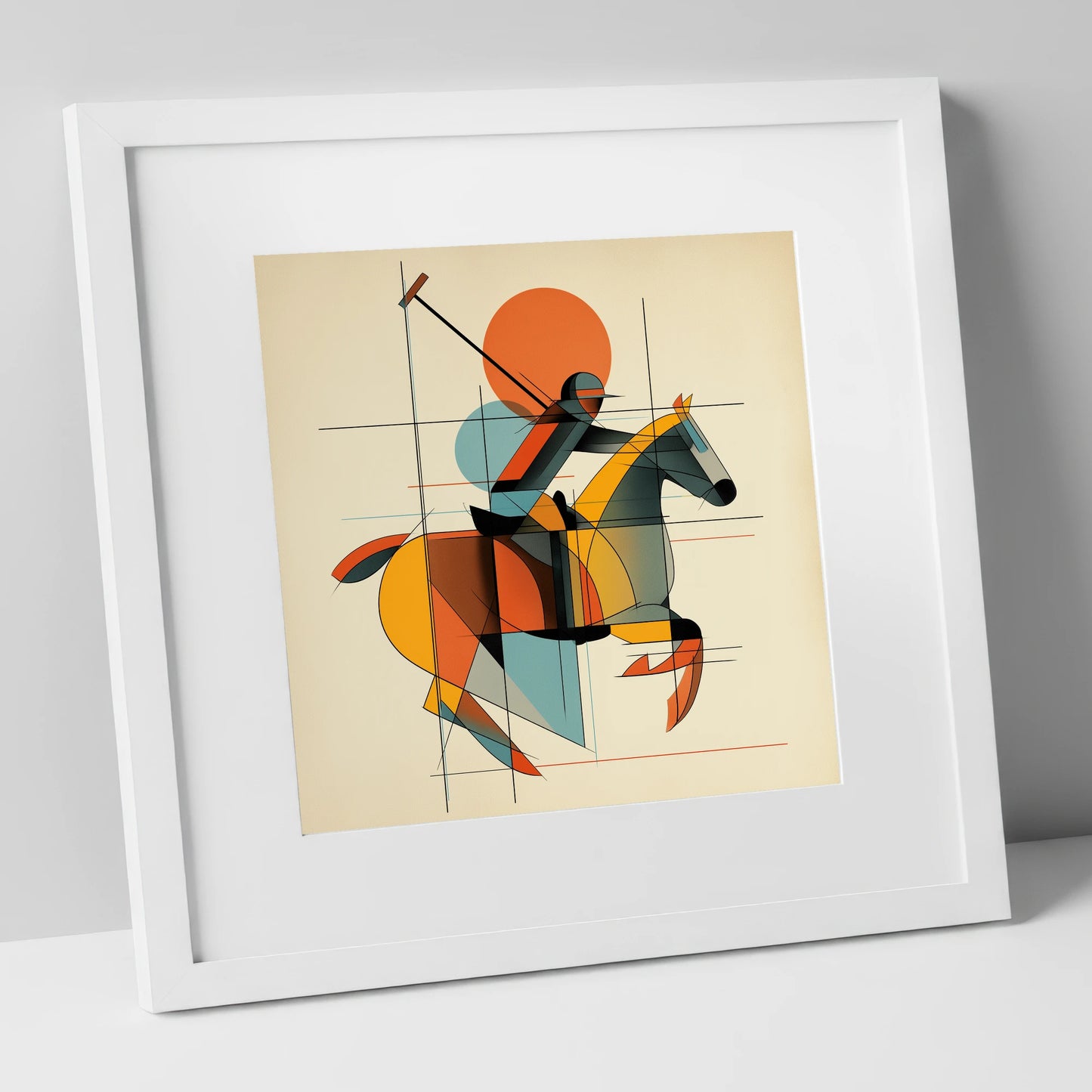 The Geometry of Polo polo horse art print in white frame