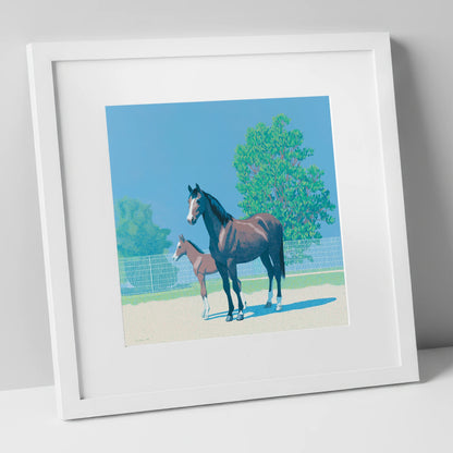 Summer Paddock Serenity mare & foal art print in white frame