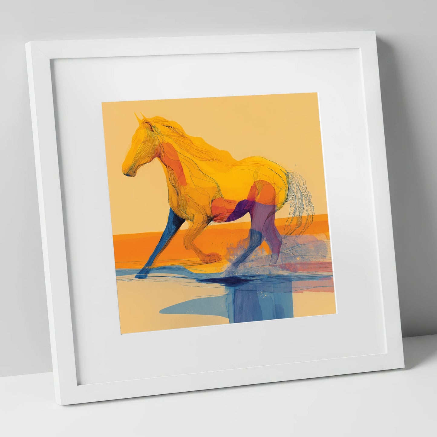 Vibrant Coastal Canter beach horse art print in white frame