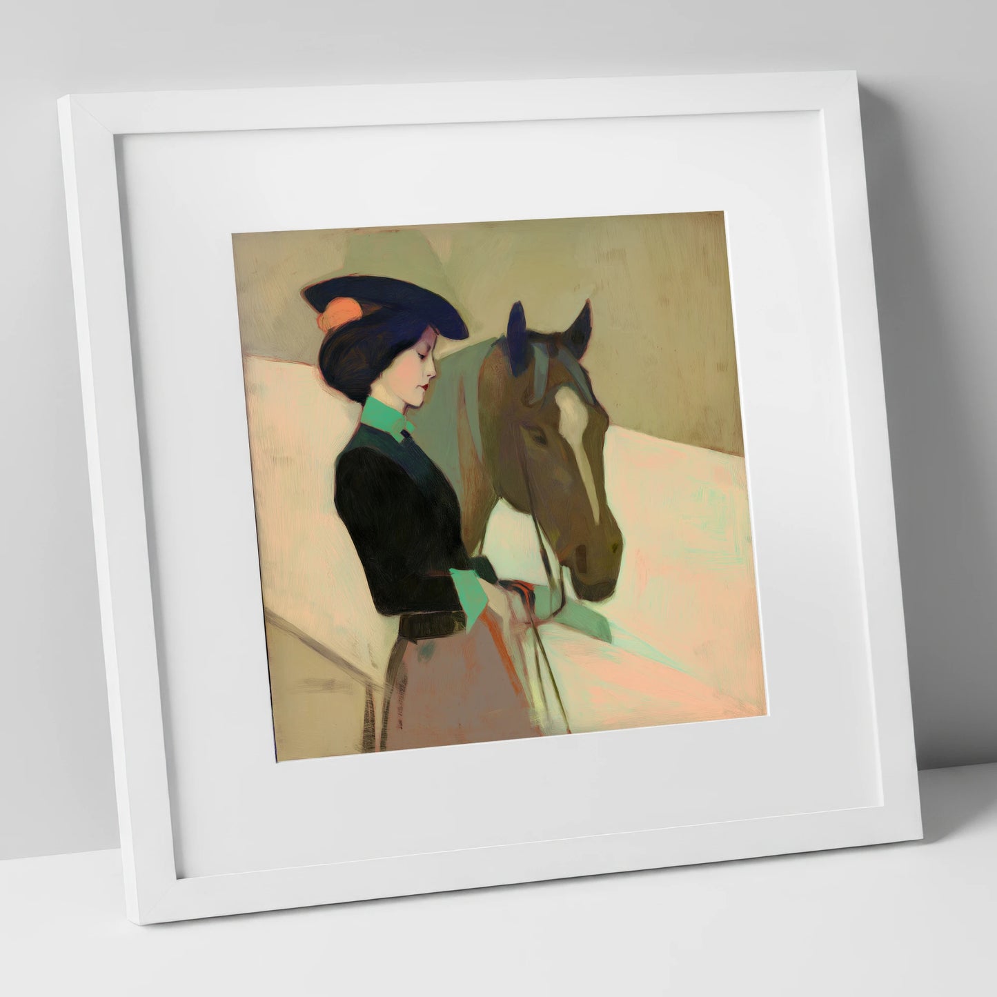 The Elegant Equestrienne horse & rider art print in white frame