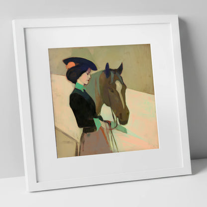 The Elegant Equestrienne horse & rider art print in white frame