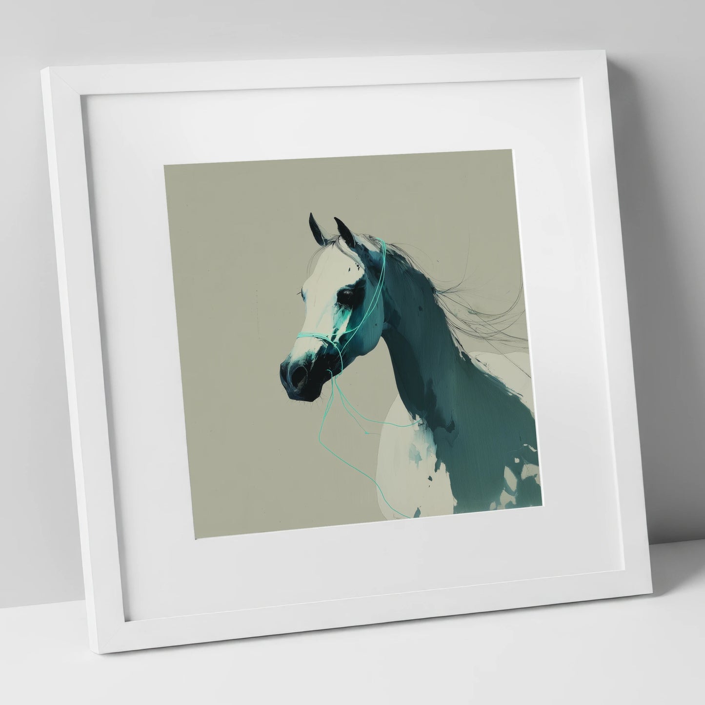 Midnight Teal Arabian horse breed art print in white frame