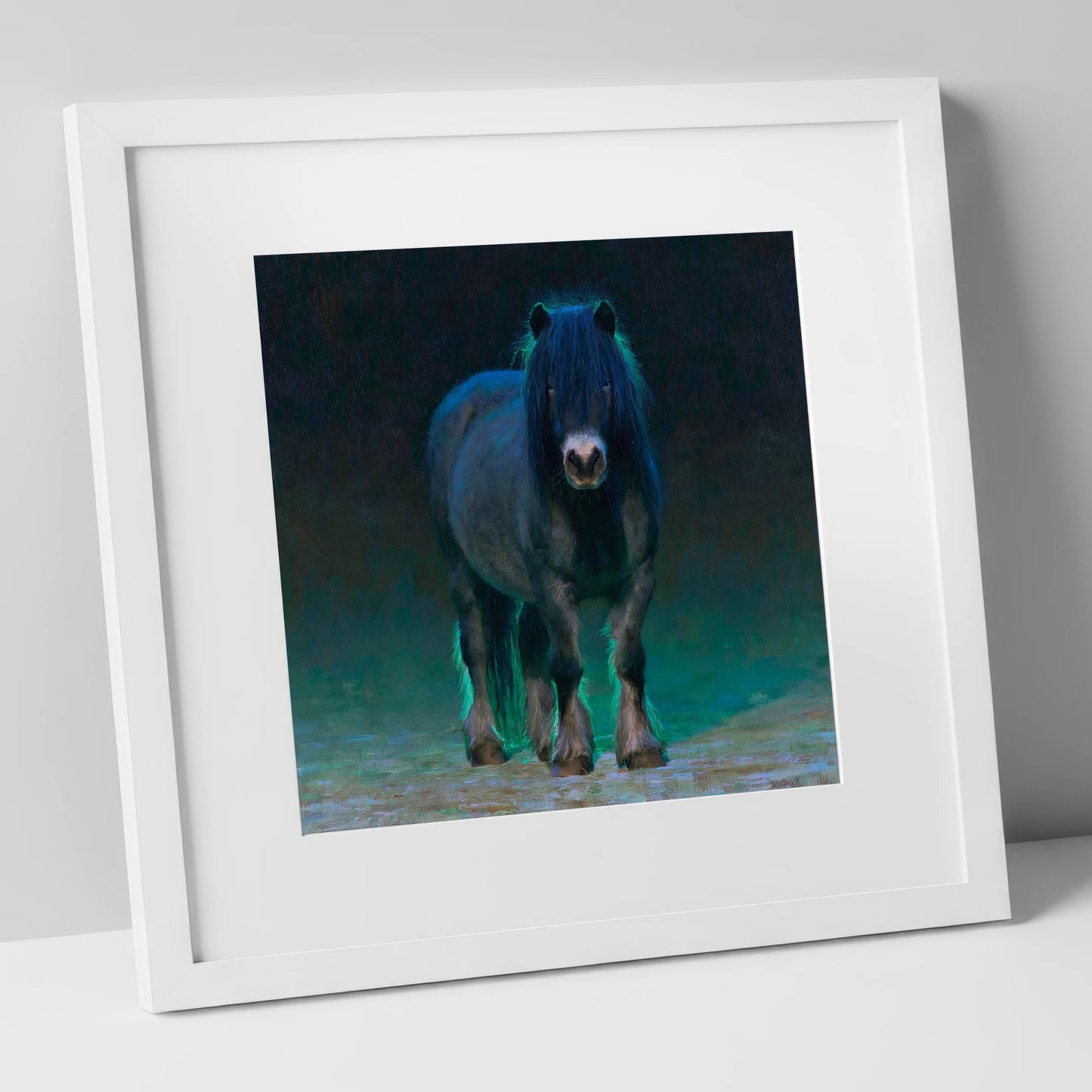 Black Shetland Pony in Moonlight horse breed art print in white frame