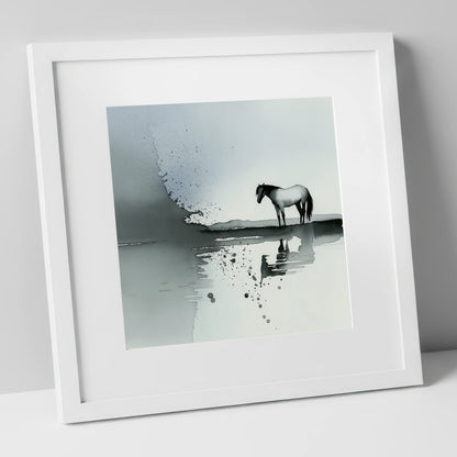 Stillness in Grey horse landscape art print in white frame