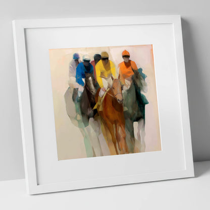 The Front Runners racing horse art print in white frame