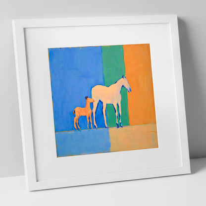 Cobalt and Terracotta Bond mare & foal art print in white frame
