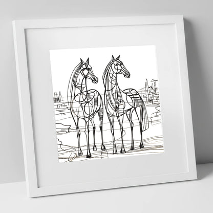 Architectural Equine Duo horse landscape art print in white frame