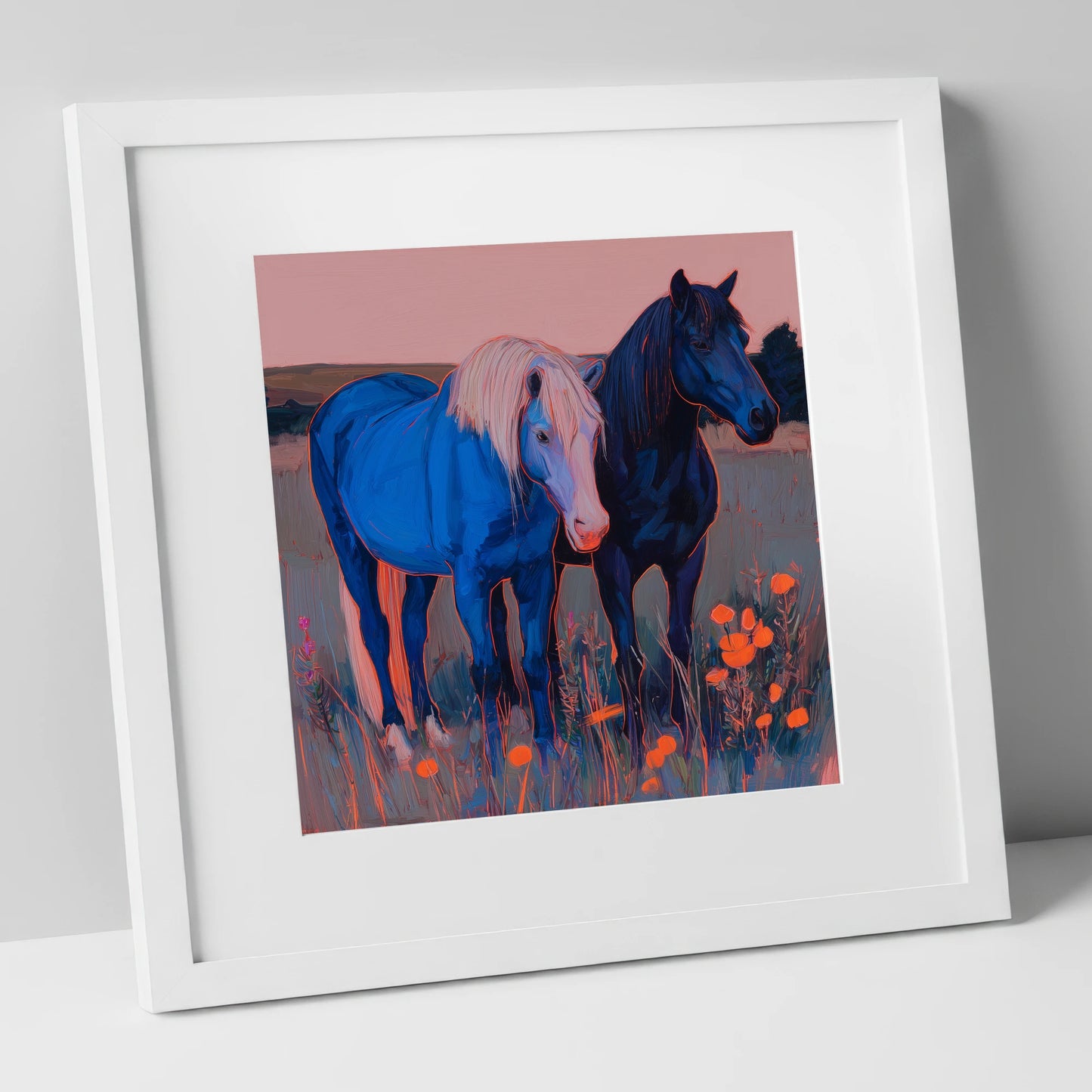 Cobalt Pastures horse landscape art print in white frame