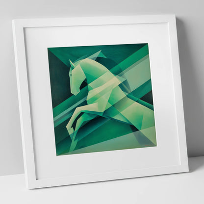 Emerald Geometric Leap show jumping horse art print in white frame