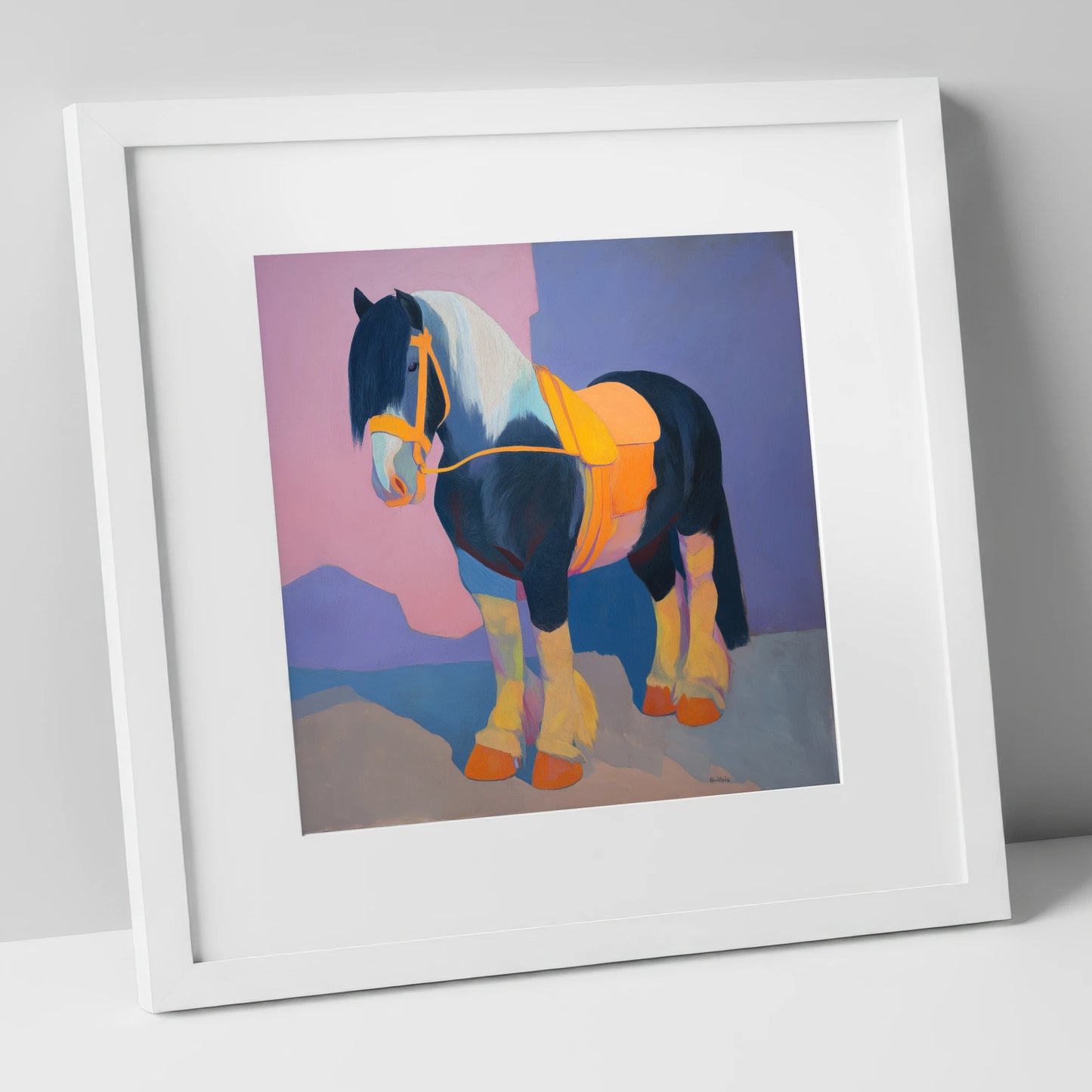 Vibrant Painted Cob horse breed art print in white frame