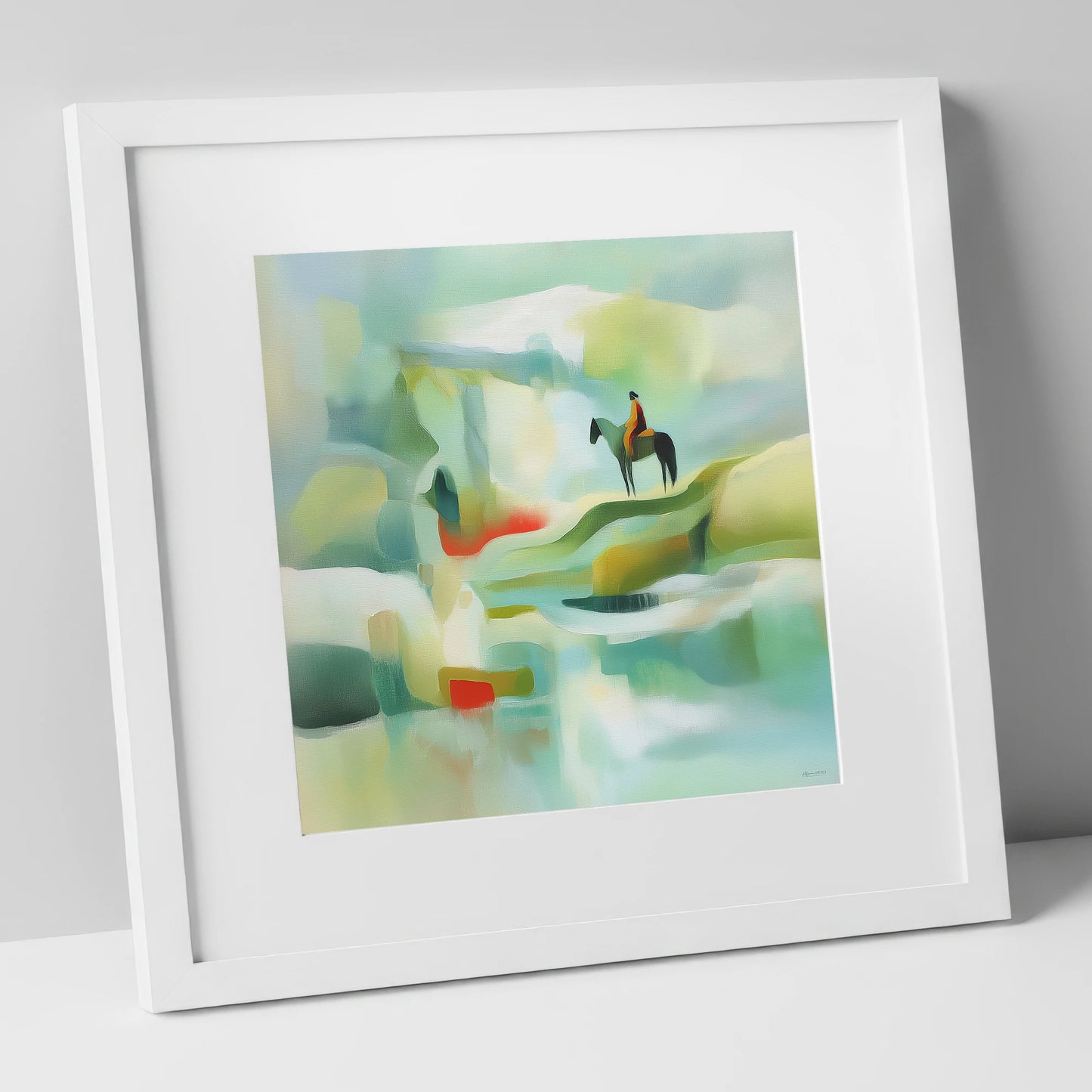 Serene Coastal Vantage beach horse art print in white frame