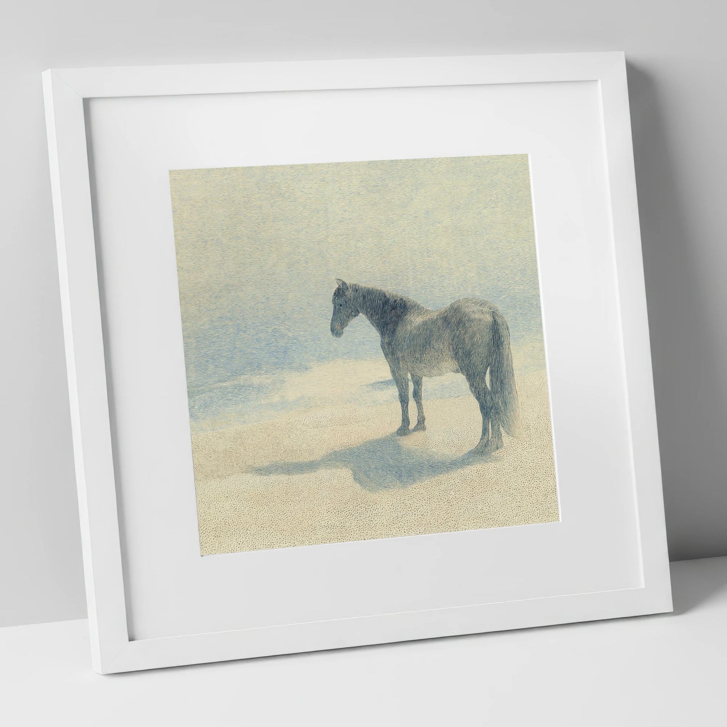 Stillness in Slate horse landscape art print in white frame