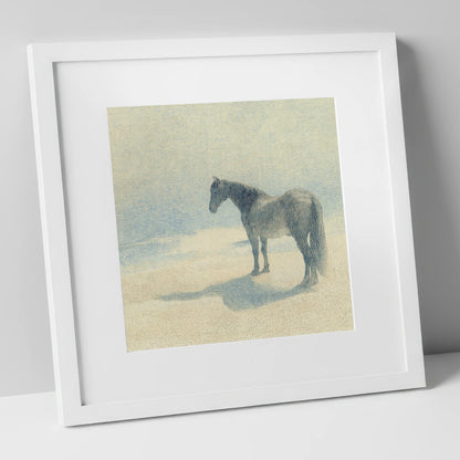 Stillness in Slate horse landscape art print in white frame