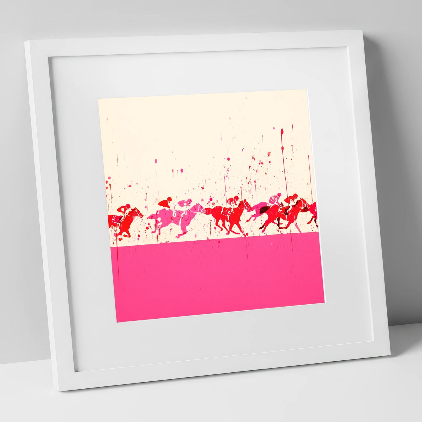 Crimson Surge racing horse art print in white frame