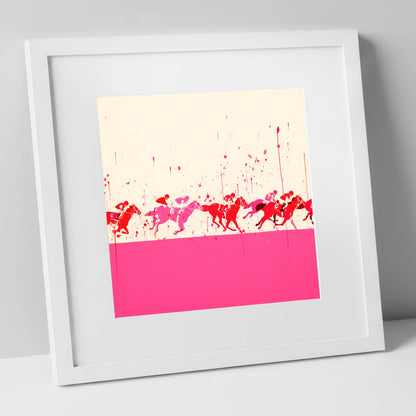 Crimson Surge racing horse art print in white frame