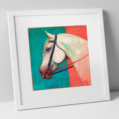 Crimson and Emerald Profile horse breed art print in white frame