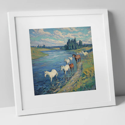 Riverside Herd wild horses art print in white frame