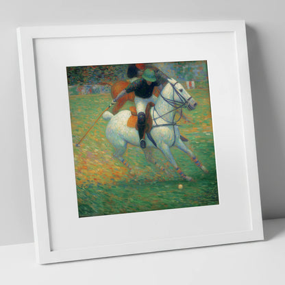 Luminous Polo Charge polo horse art print in white frame
