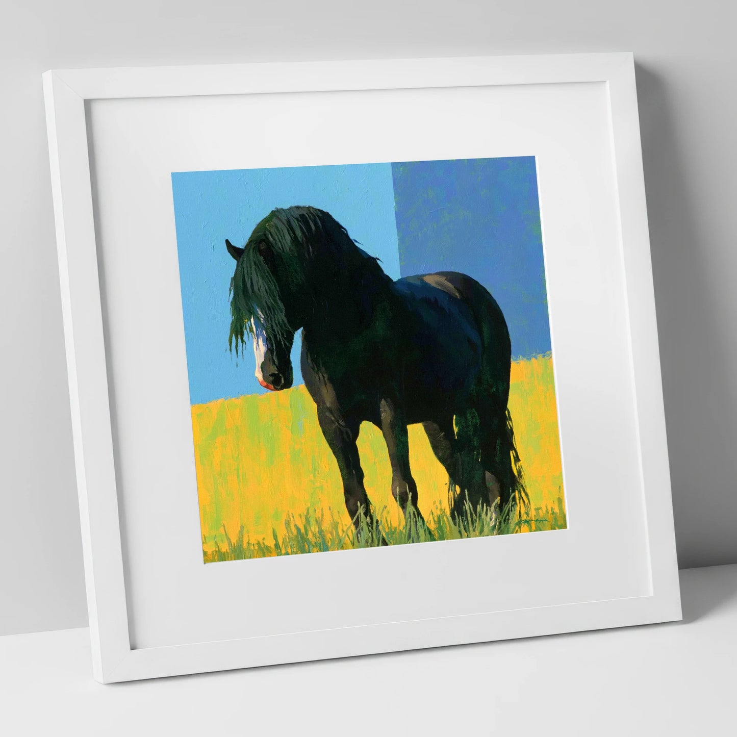 Black Cob in Yellow Field horse breed art print in white frame