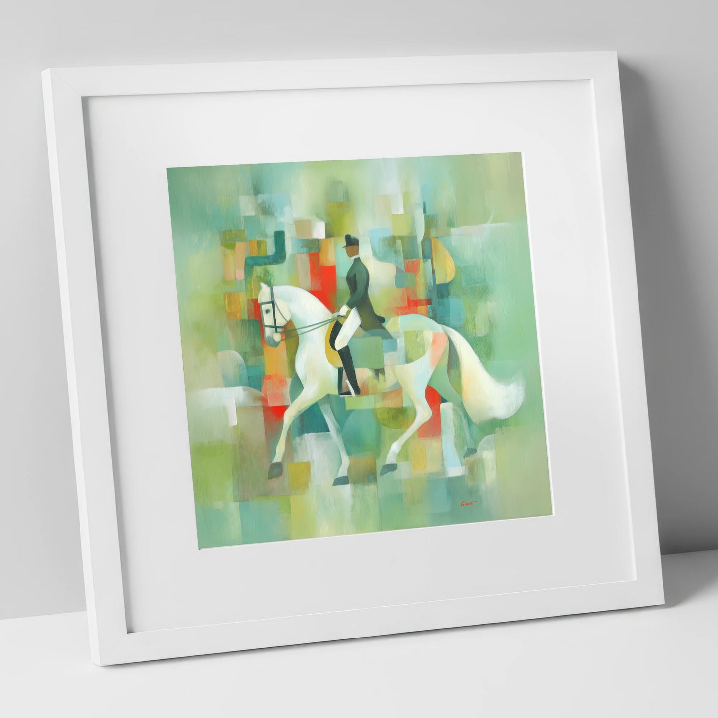Modern Dressage Mosaic dressage horse art print in white frame