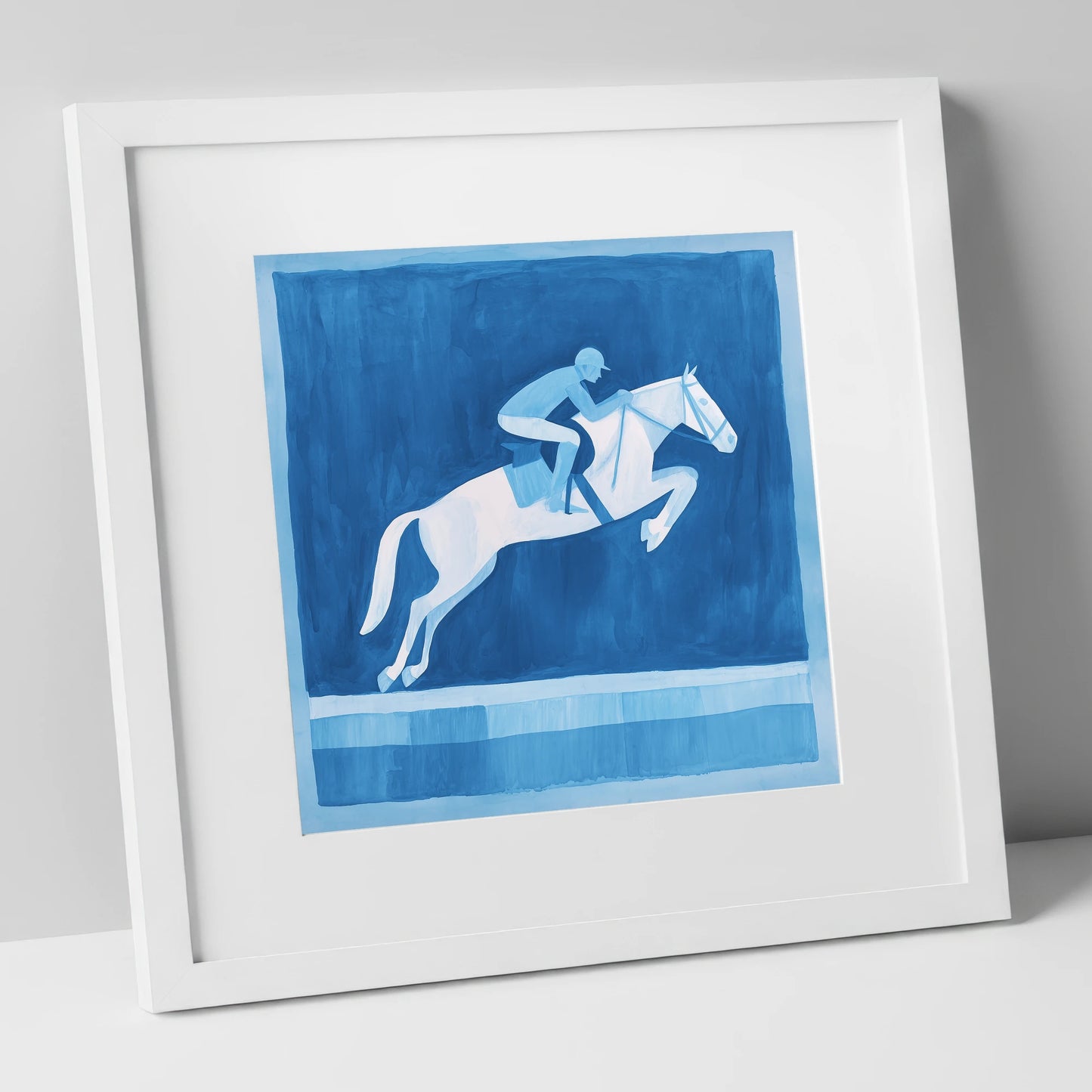 Azure Leap show jumping horse art print in white frame