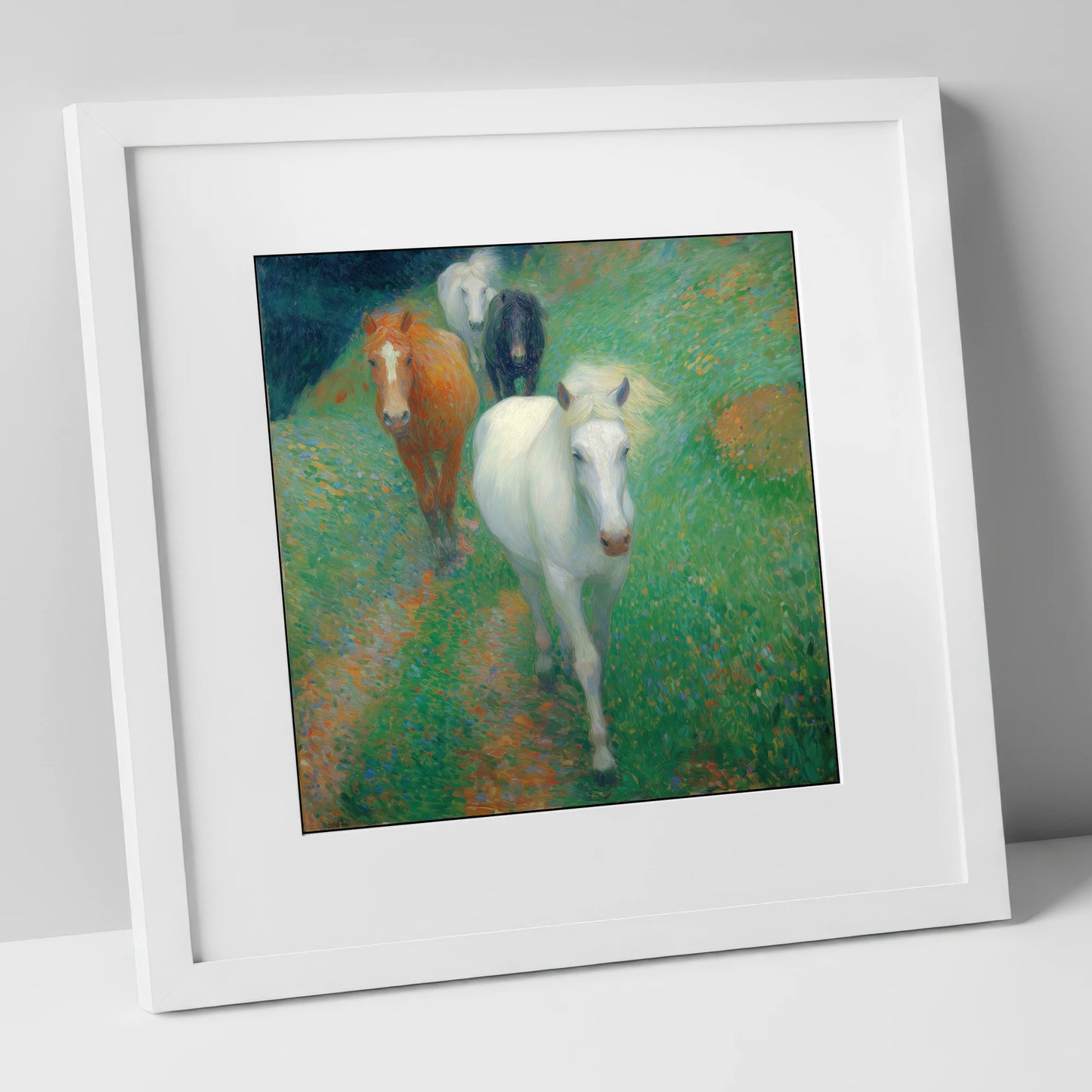 Vibrant Summer Herd horse landscape art print in white frame