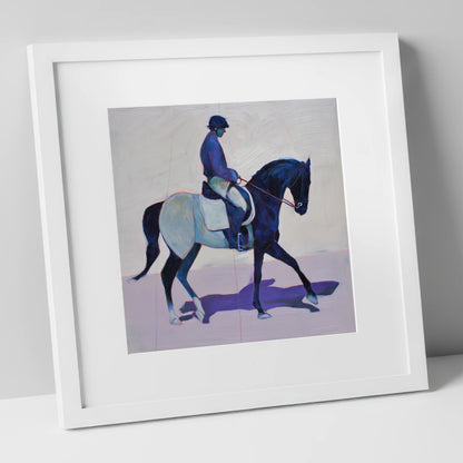 Midnight Cadence dressage horse art print in white frame