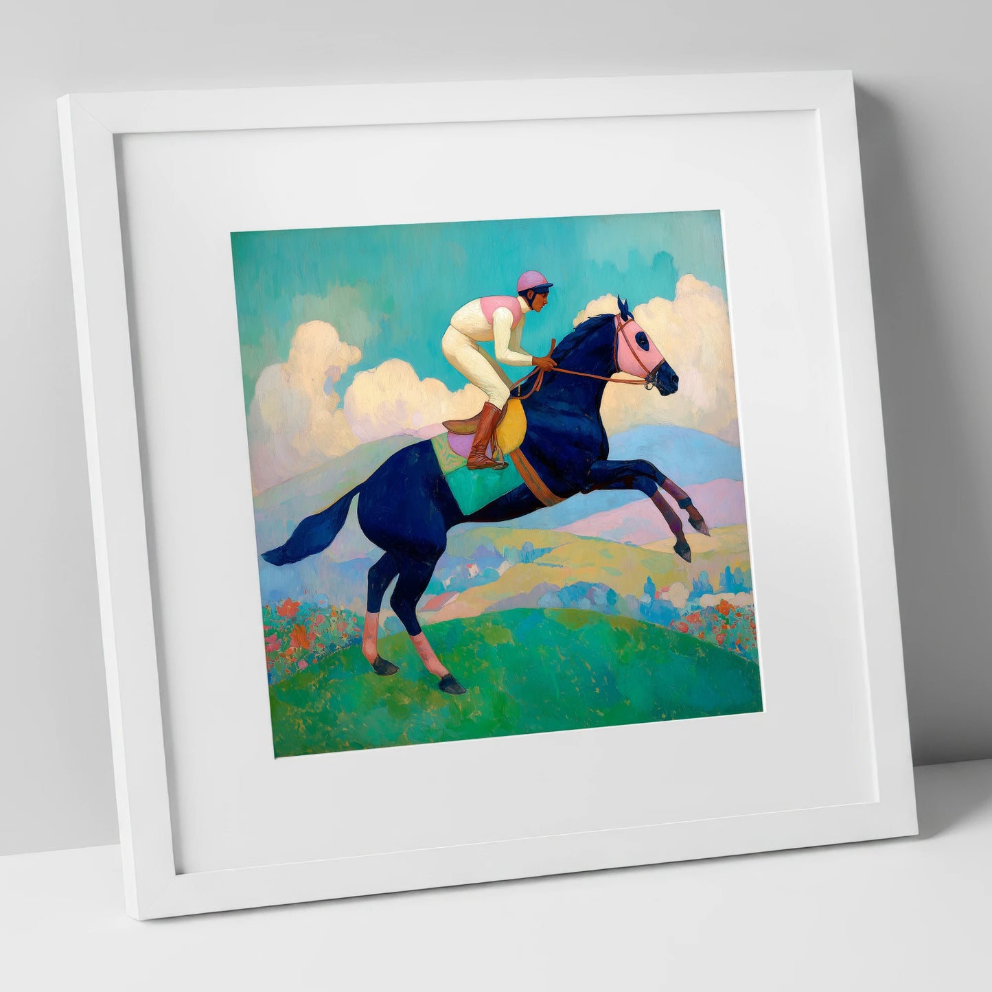Vivid Racing Bound racing horse art print in white frame