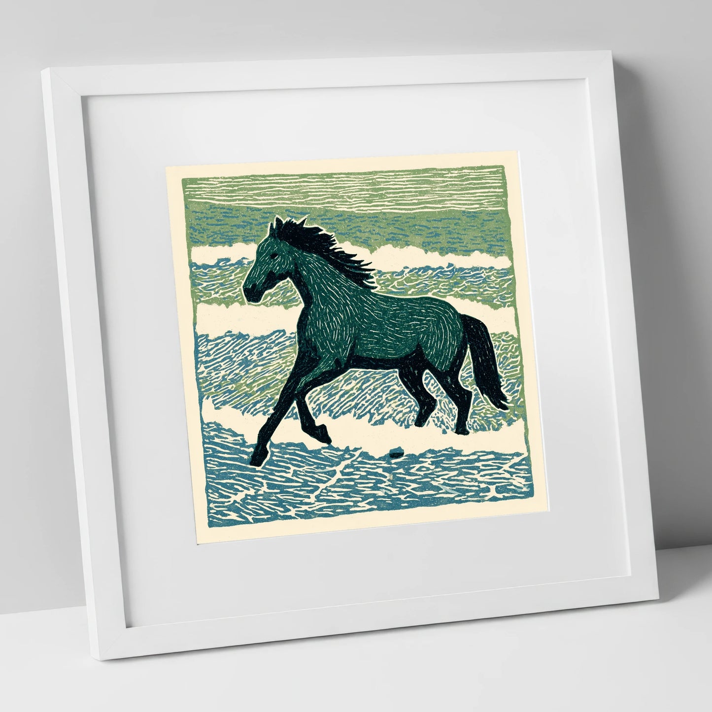 Surf and Stride beach horse art print in white frame
