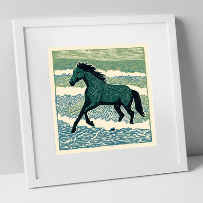 Surf and Stride beach horse art print in white frame
