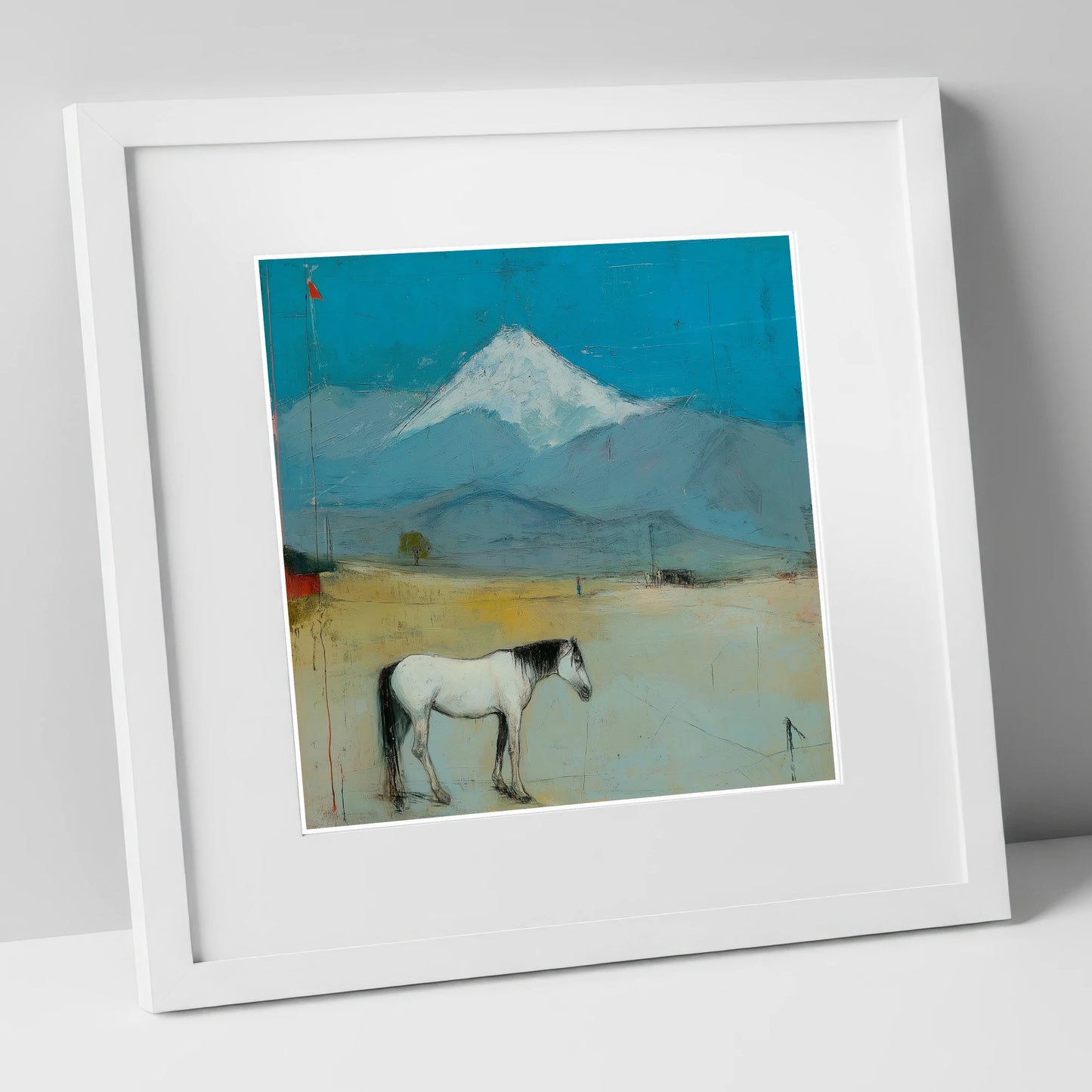 Beneath the Snow Peak horse landscape art print in white frame
