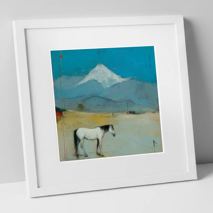 Beneath the Snow Peak horse landscape art print in white frame