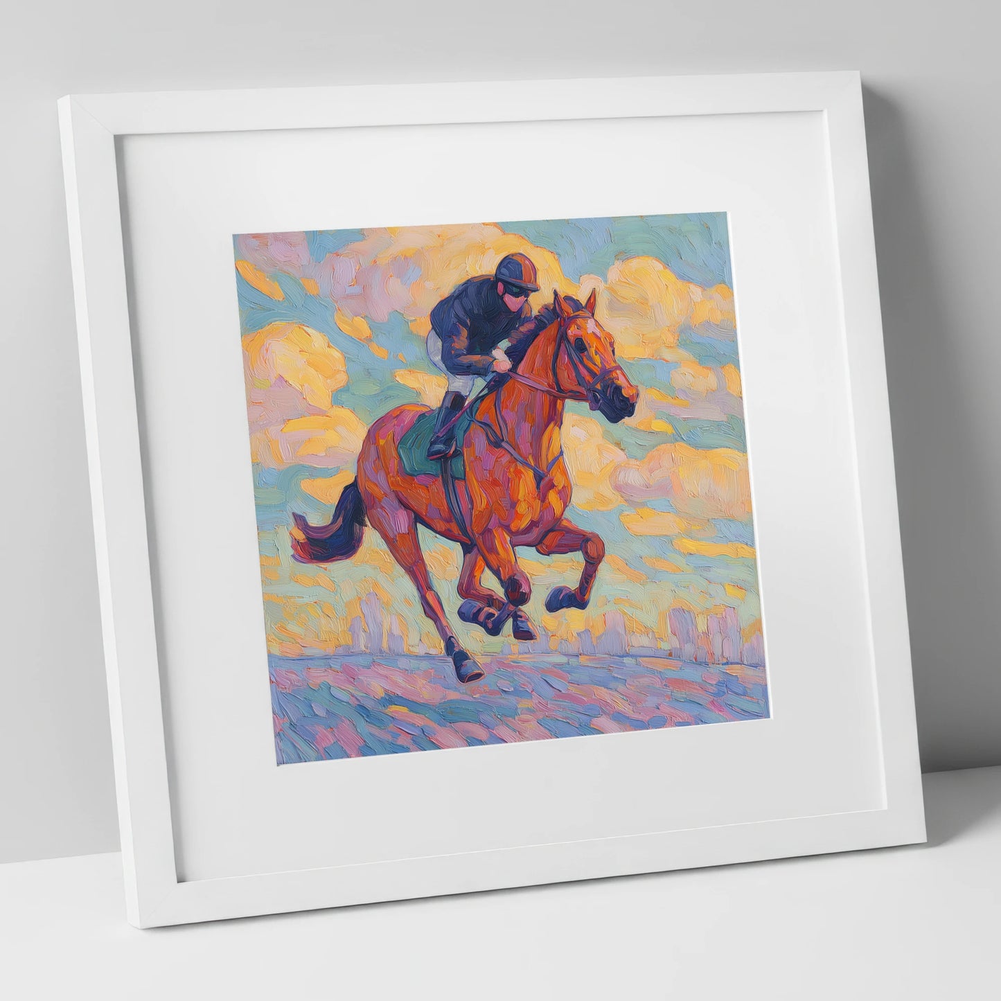 Technicolour Gallop racing horse art print in white frame