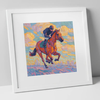 Technicolour Gallop racing horse art print in white frame
