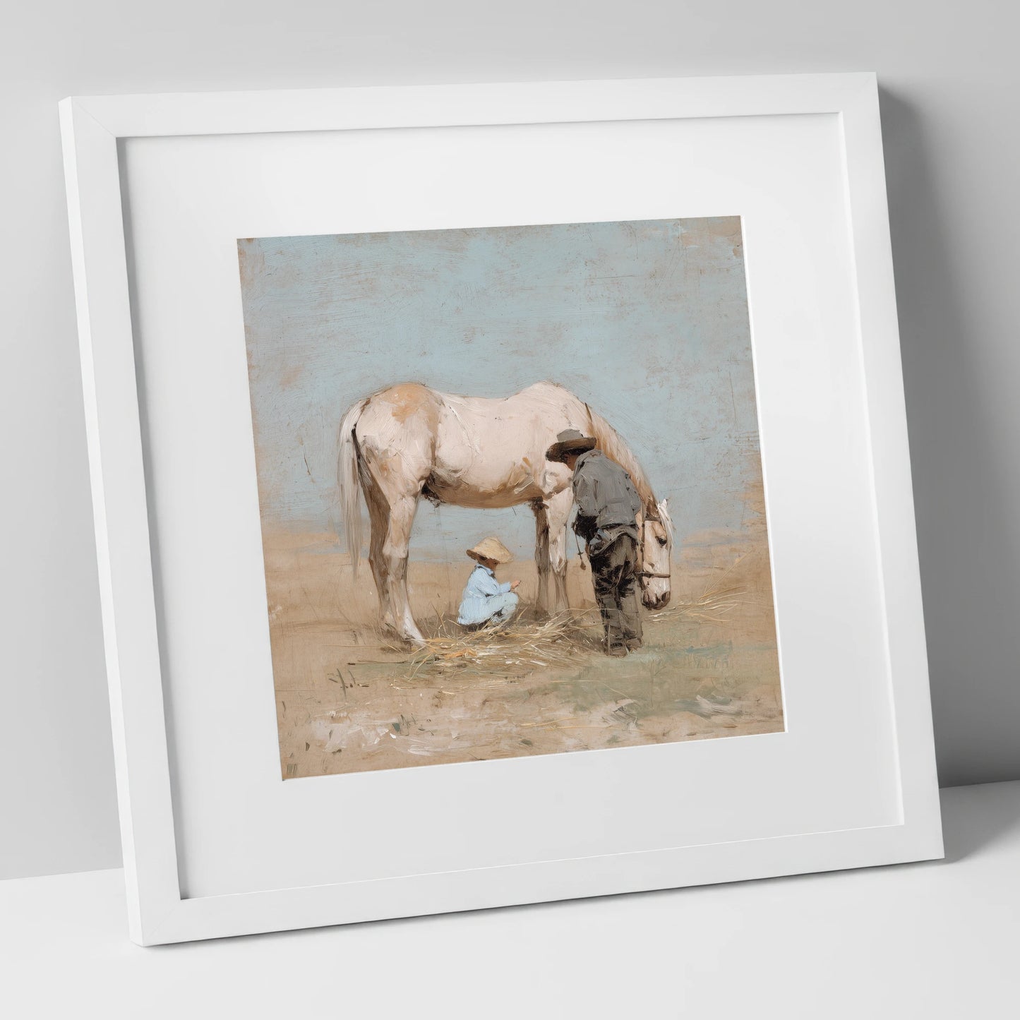 Sunlit Companions horse & rider art print in white frame